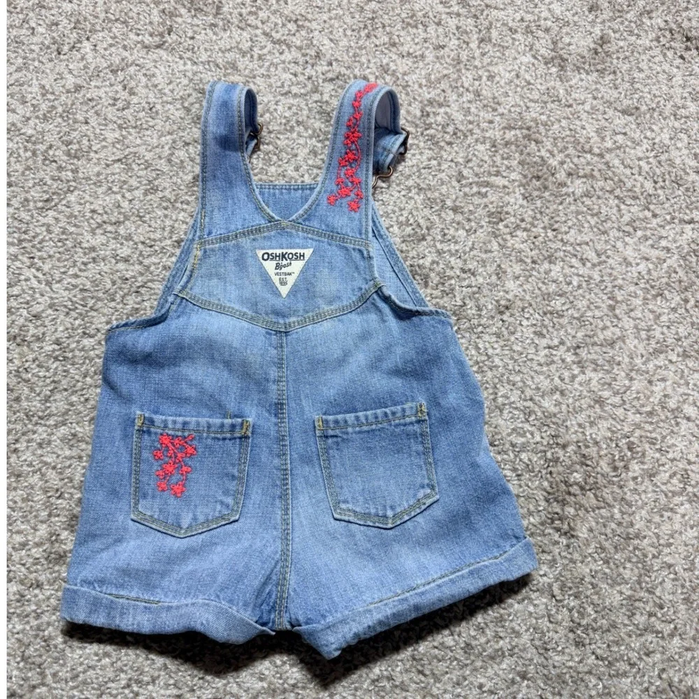 OshKosh B'gosh Shortall Girls 9M Blue Denim Floral Embroidered Baby Overalls